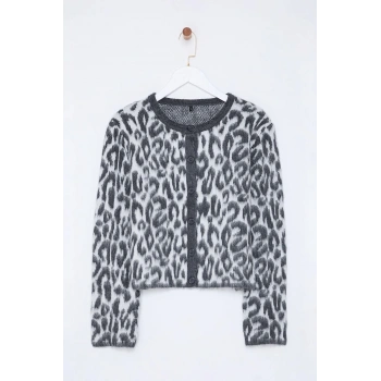 Kadın Moda Şık Bisiklet Yaka Standart Kol Regular Leopar Desenli Triko Hırka