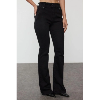 Kadın Moda Şık Kot Pantolon İspanyol Paça Regular Boy Denim Bel Detaylı Yüksek Bel Jeans