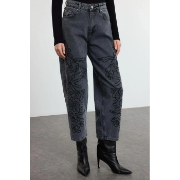 Kadın Moda Şık Kot Pantolon Geniş Paça Uzun Boy Denim Antrasit Nakışlı Yüksek Bel Balon Jeans