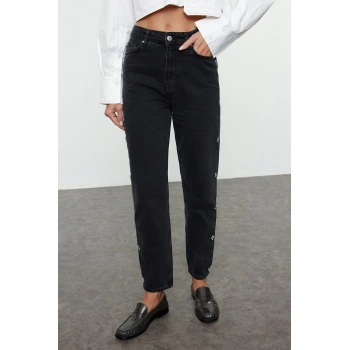 Kadın Moda Şık Kot Pantolon Boru Paça Uzun Boy Denim Taşlı Yüksek Bel Mom Jeans