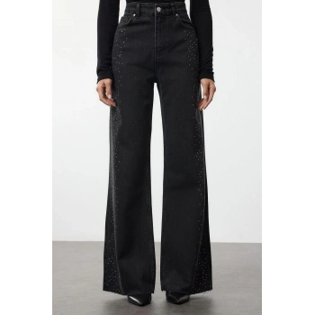 Kadın Moda Şık Kot Pantolon Geniş Paça Uzun Boy Denim Taşlı Yüksek Bel Jeans