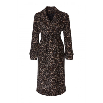 Kadın Moda Şık Regular Ceket Yaka Uzun Astarlı Leopar Desenli Yünlü Uzun Kaban