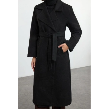 Kadın Moda Şık Regular Ceket Yaka Uzun Düz Astarlı Kuşaklı Yünlü Uzun Pardösü Formlu Astarlı Kaban