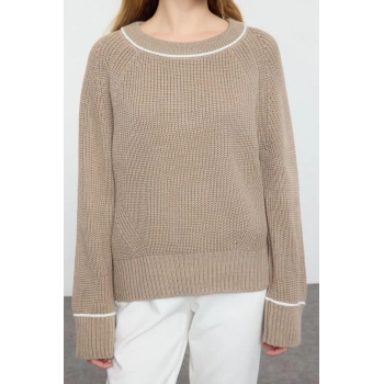 Kadın Moda Şık Bisiklet Yaka Standart Kol Regular Geniş Kalıp Biye Detaylı Triko Kazak