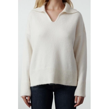 Kadın Moda Şık Polo Yaka Düşük Kol Regular Yünlü Geniş Kalıp Basic Triko Kazak