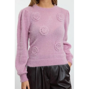 Kadın Moda Şık Bisiklet Yaka Standart Kol Regular Tüylü Çiçek İşlemeli Triko Kazak