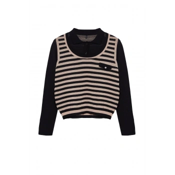 Kadın Moda Şık Polo Yaka Standart Kol Regular Çizgili Dokuma Garnilli Triko Kazak