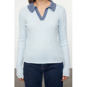 Kadın Moda Şık Polo Yaka Standart Kol Regular Renk Bloklu Triko Kazak