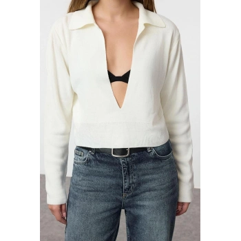 Kadın Moda Şık Polo Yaka Standart Kol Crop İnce Triko Kazak