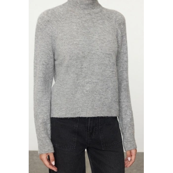 Kadın Moda Şık Dik Yaka Reglan Kol Regular Yünlü Triko Kazak