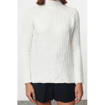 Kadın Moda Şık Dik Yaka Reglan Kol Regular Yumuşak Dokulu Örgü Detaylı Dikişsiz Triko Kazak