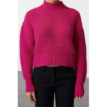 Kadın Moda Şık Dik Yaka Standart Kol Crop Yumuşak Dokulu Basic Kalın Örgü Detaylı Triko Kazak