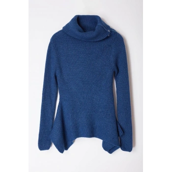 Kadın Moda Şık Asimetrik Yaka Standart Kol Regular Fermuarlı Triko Kazak