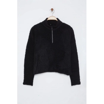 Kadın Moda Şık Dik Yaka Standart Kol Regular Buklet İplik Fermuarlı Triko Kazak