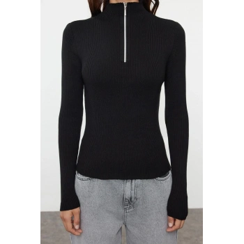 Kadın Moda Şık Dik Yaka Standart Kol Regular Pamuk Karışımlı Couple Fermuarlı İnce Triko Kazak