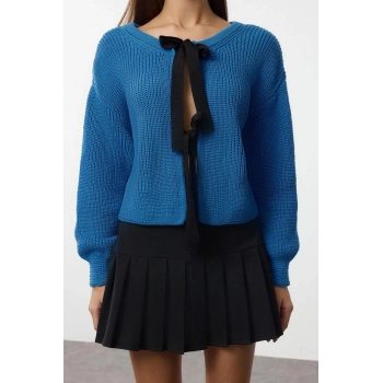 Kadın Moda Şık Bisiklet Yaka Düşük Kol Crop Çift Taraflı Giyilebilir Kurdeleli Bağlama Triko Kazak