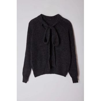 Kadın Moda Şık Boyundan Bağlamalı Standart Kol Regular Yumuşak Kurdeleli Gevşek Örgü Triko Kazak