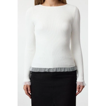 Kadın Moda Şık Kayık Yaka Standart Kol Regular Tül Detaylı İnce Triko Kazak