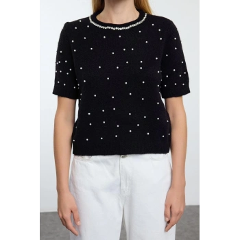 Kadın Moda Şık Bisiklet Yaka Standart Kol Regular Yünlü İnci ve Taşlı Triko Kazak