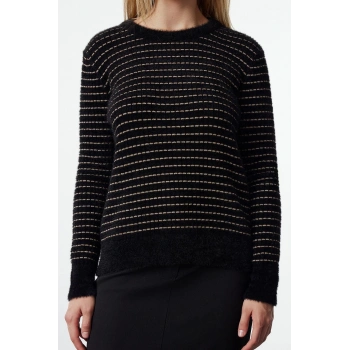 Kadın Moda Şık Bisiklet Yaka Standart Kol Regular Tüylü İplik Çizgili Triko Kazak