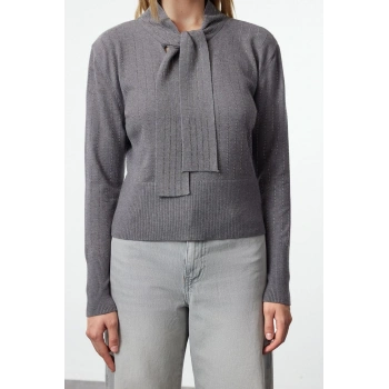 Kadın Moda Şık Şal Yaka Standart Kol Regular Özel İplik Taşlı Triko Kazak