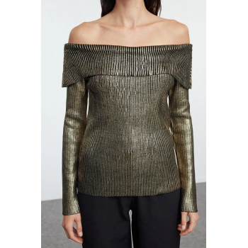 Kadın Moda Şık Carmen Yaka Standart Kol Regular Varaklı Triko Kazak