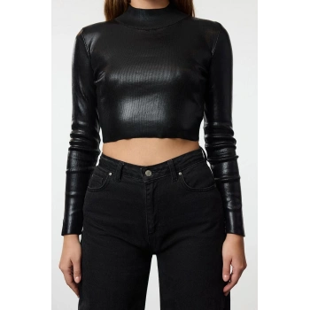 Kadın Moda Şık Dik Yaka Standart Kol Crop Basic Varak Baskılı Triko Kazak