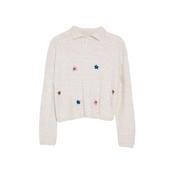 Kadın Moda Şık Polo Yaka Standart Kol Regular Yumuşak Dokulu Gül Detaylı Triko Kazak