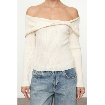 Kadın Moda Şık Carmen Yaka Standart Kol Regular Ekru001 Renk Bloklu Triko Kazak