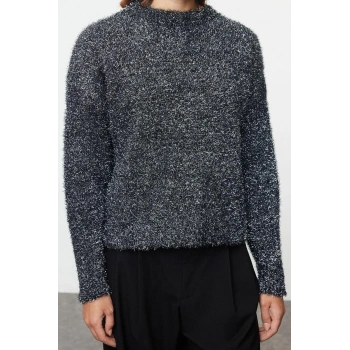 Kadın Moda Şık Bisiklet Yaka Standart Kol Regular Simli Triko Kazak