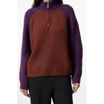 Kadın Moda Şık Dik Yaka Standart Kol Regular Renk Bloklu Fermuarlı Triko Kazak