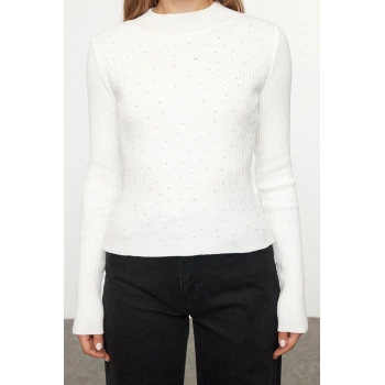 Kadın Moda Şık Dik Yaka Standart Kol Regular Balıkçı Yaka Taş Detaylı Triko Kazak