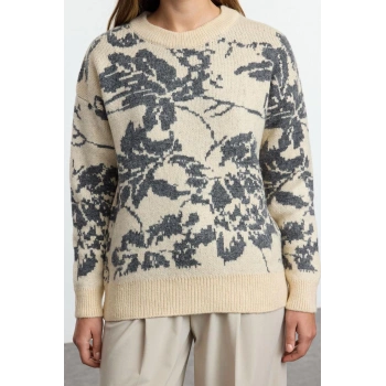 Kadın Moda Şık Bisiklet Yaka Standart Kol Regular Yumuşak Dokulu Çiçekli Triko Kazak