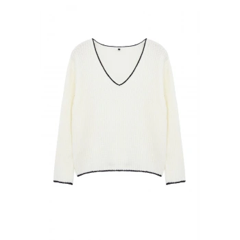 Kadın Moda Şık V Yaka Standart Kol Regular Yumuşak Dokulu Geniş Kalıp Triko Kazak
