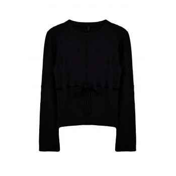 Kadın Moda Şık Bisiklet Yaka Standart Kol Regular Kurdeleli Detaylı Triko Kazak