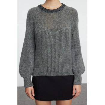 Kadın Moda Şık Bisiklet Yaka Standart Kol Regular İnce Transparan Görünüm Triko Kazak