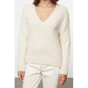 Kadın Moda Şık V Yaka Standart Kol Regular Geniş Kalıp Derin Triko Kazak