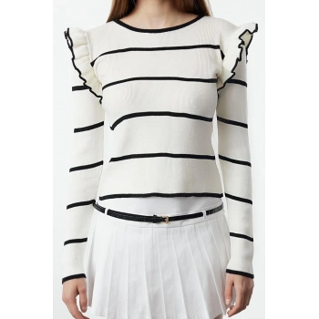 Kadın Moda Şık Bisiklet Yaka Standart Kol Regular Omuzu Volanlı Çizgili Triko Kazak