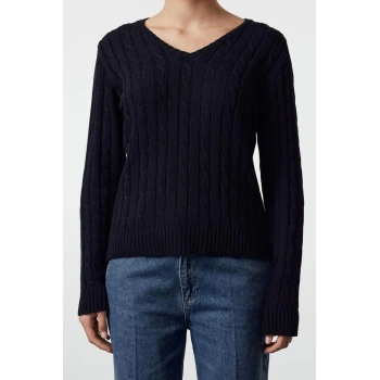 Kadın Moda Şık V Yaka Standart Kol Regular Basic Pamuklu Triko Kazak