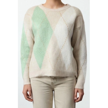 Kadın Moda Şık Bisiklet Yaka Standart Kol Regular Yumuşak Dokulu Baklava Desenli Triko Kazak