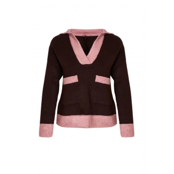 Kadın Moda Şık Polo Yaka Standart Kol Regular Yumuşak Dokulu Renk Bloklu Triko Kazak