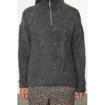 Kadın Moda Şık Dik Yaka Standart Kol Regular Buklet İplik Triko Kazak