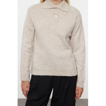 Kadın Moda Şık Polo Yaka Standart Kol Regular Yumuşak Dokulu Geniş Kalıp Triko Kazak