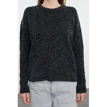 Kadın Moda Şık Bisiklet Yaka Standart Kol Payetli Yumuşak Dokulu Triko Kazak