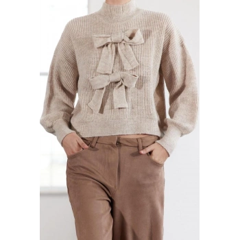 Kadın Moda Şık Bisiklet Yaka Standart Kol Regular Geniş Kalıp Yumuşak Dokulu Kurdeleli Triko Kazak