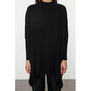 Kadın Moda Şık Bisiklet Yaka Standart Kol Regular Geniş Kalıp Dik Yaka Triko Kazak