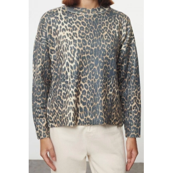 Kadın Moda Şık Bisiklet Yaka Standart Kol Regular Leopar Desen Baskılı Triko Kazak