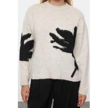 Kadın Moda Şık Bisiklet Yaka Standart Kol Regular Yumuşak Dokulu Dik Yaka Renk Bloklu Triko Kazak