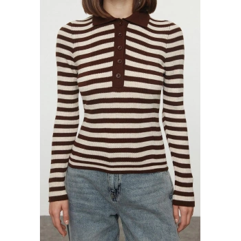 Kadın Moda Şık Polo Yaka Standart Kol Regular Basic Çizgili Triko Kazak