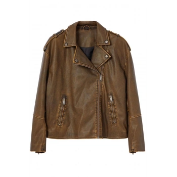 Kadın Moda Şık Oversize Ceket Yaka Standart Düz Astarlı Yıkama Efektli Suni Deri Biker Ceket Mont